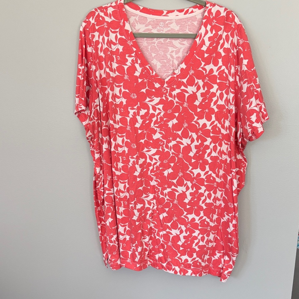 Lands' End Coral and White Floral V-Neck Tunic Cotton